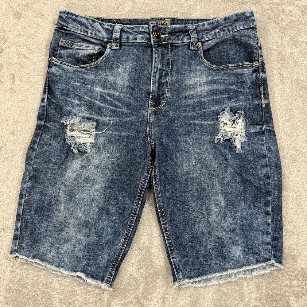 Rue 21 CJ Black Shorts Mens 32 Blue Acid Wash Cut Off Denim Flex 11